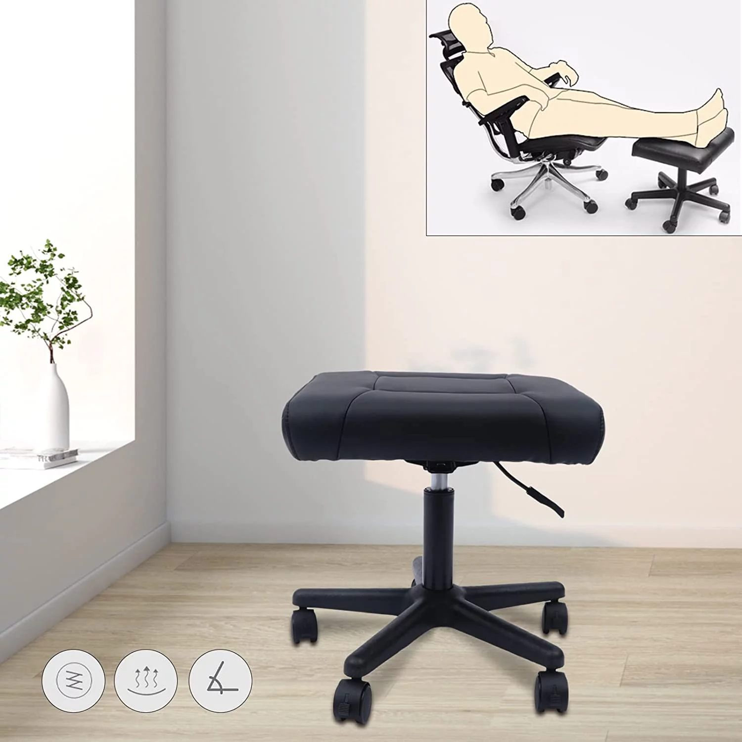 Fichiouy Black Height Adjustable Footrest with Wheels Ergonomic Office Foot Stool