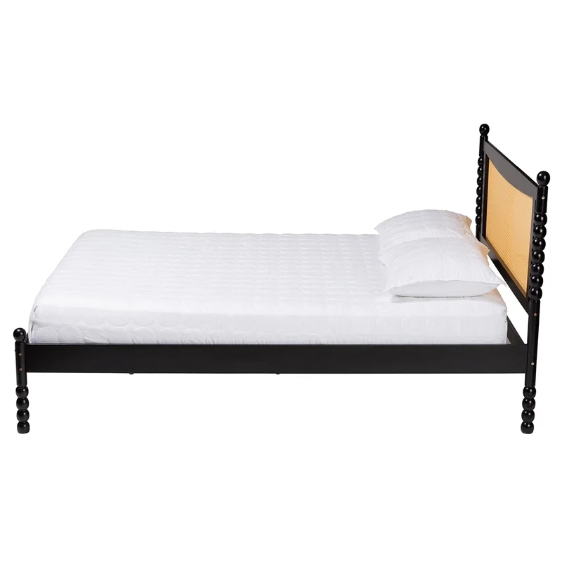 Pemberly Row Black Wood Queen Size Platform Bed with Woven Rattan