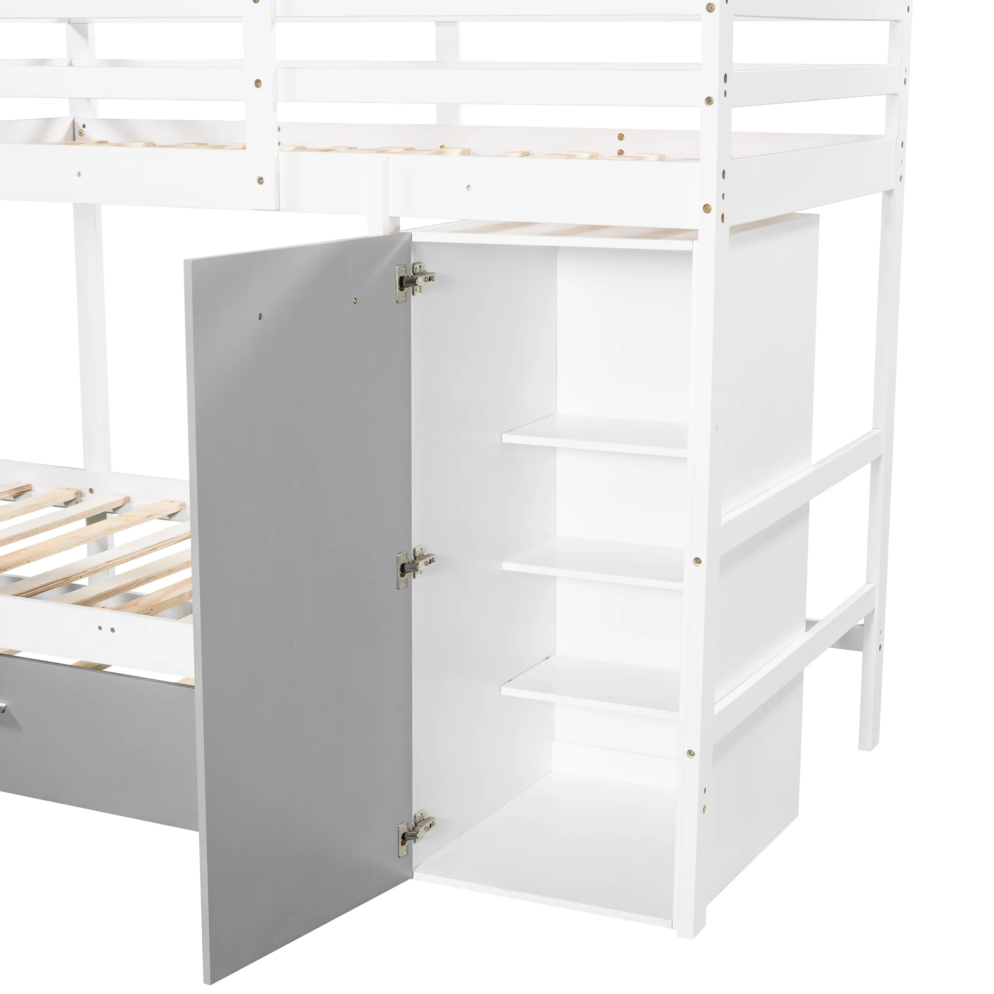 Twin over Twin Bunk Bed with Cabinet and Trundle, White