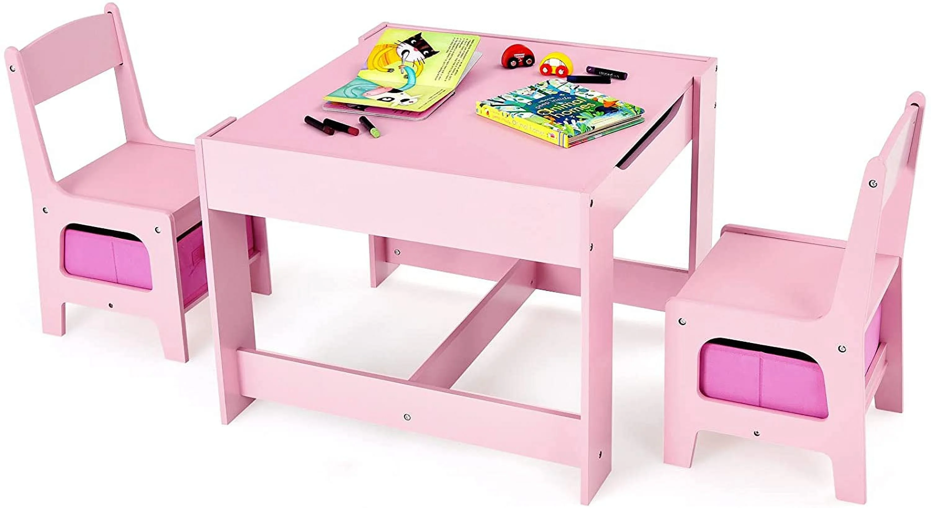 Kids Table and Chair Set, 3 in 1 Wooden Activity Table with Storage Drawer, Detachable Tabletop for Children Drawing Reading Art Craft, Playroom, Nursery, Toddler Table and Chair Set, Pink