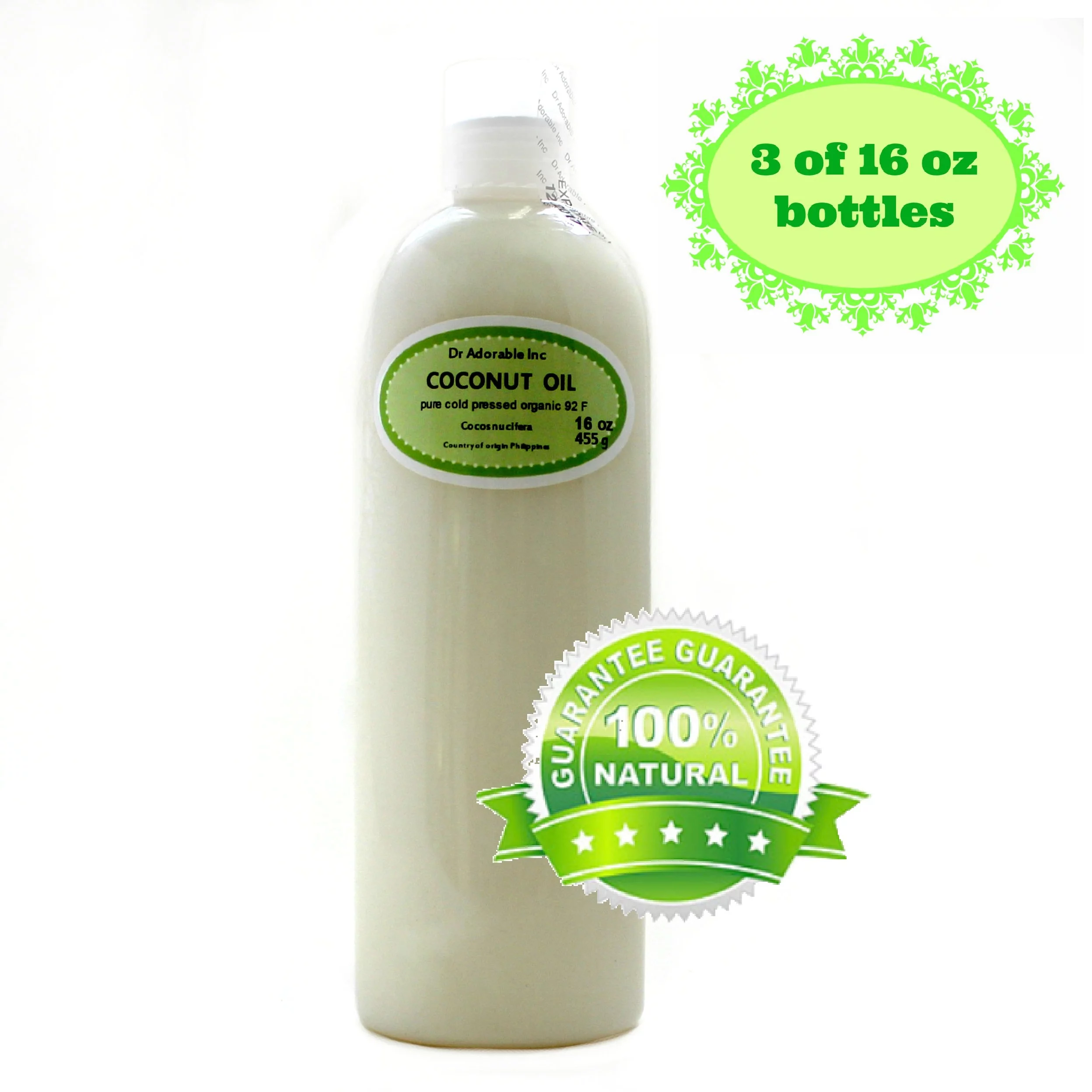 Dr. Adorable - 100% Pure Coconut 92 F Oil Organic Cold Pressed Refined Moisturizing Oil For Face Skin Hair - 48 oz