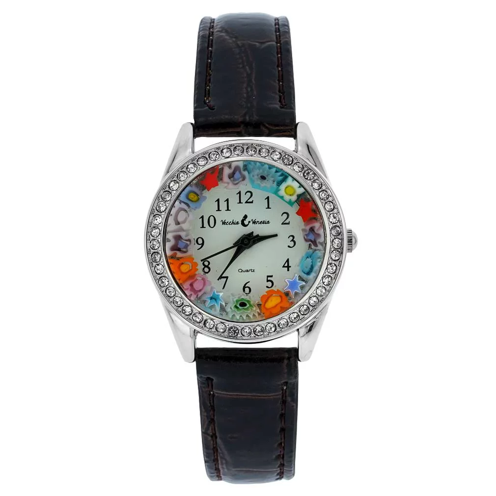 GlassOfVenice Murano Glass Watch Millefiori And Crystals With Leather Band - Brown
