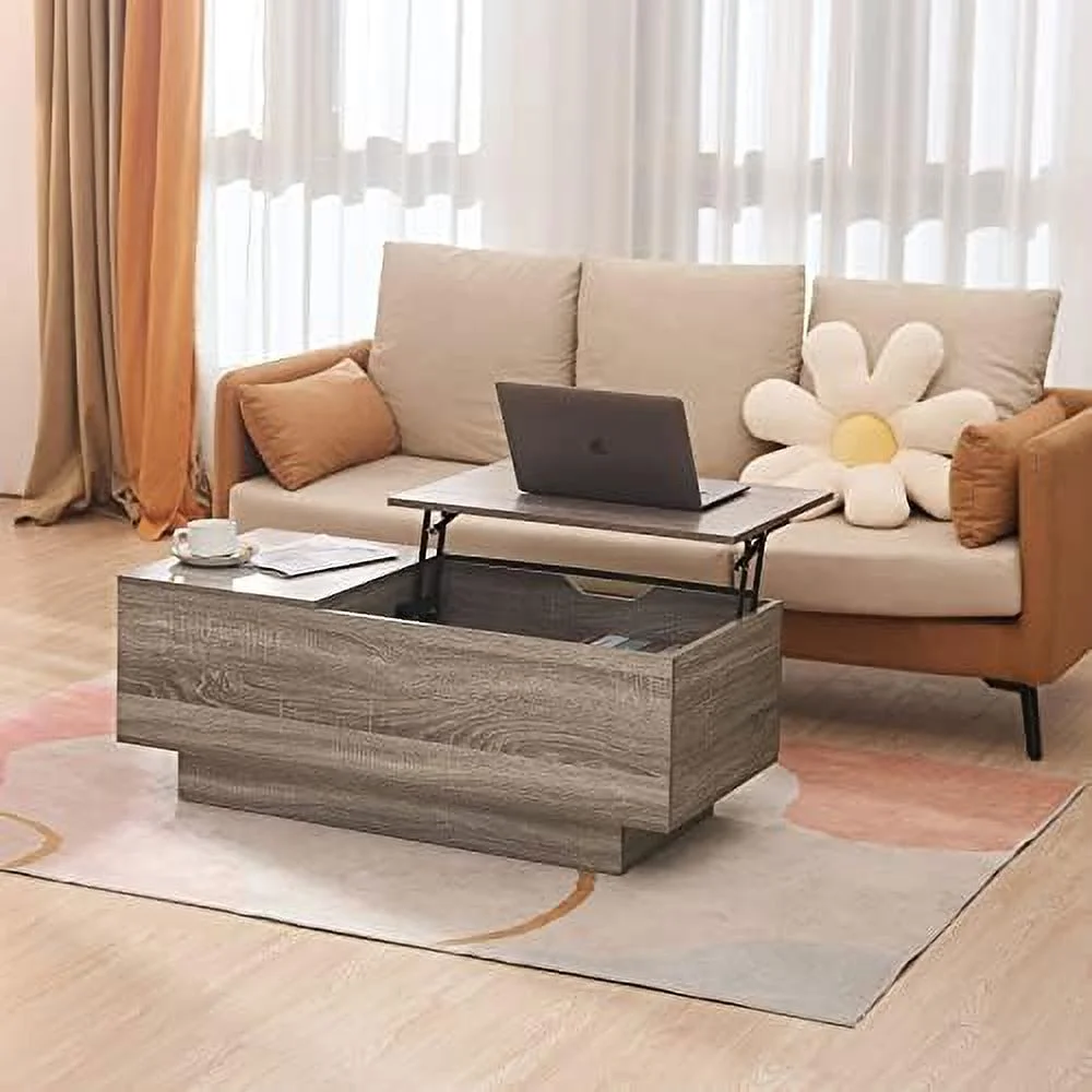 xrboomlife Modern Coffee Table  French Country Farmhouse Coffee Table  40'' Farmhouse Rustic Unfinished Wood Tray Top Vintage Coffee Table for Living Room Dining Room Bedroom Gray