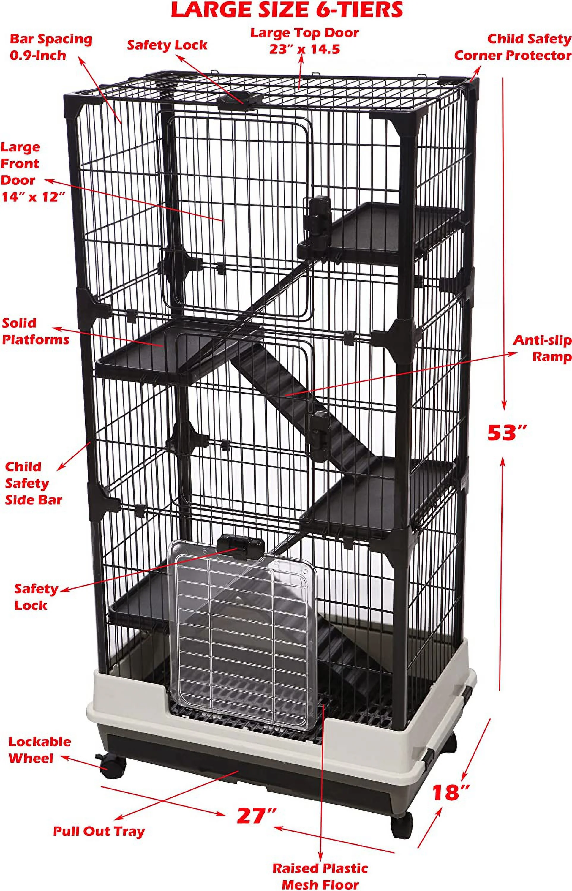Multi-Levels Indoor/Outdoor Small Animal Rabbit Bunny Hutch Guinea Pig Hedgehog Cat Chinchilla Squirrel Habitat Cage 4 Doors Pull Out Tray Rolling Wheels