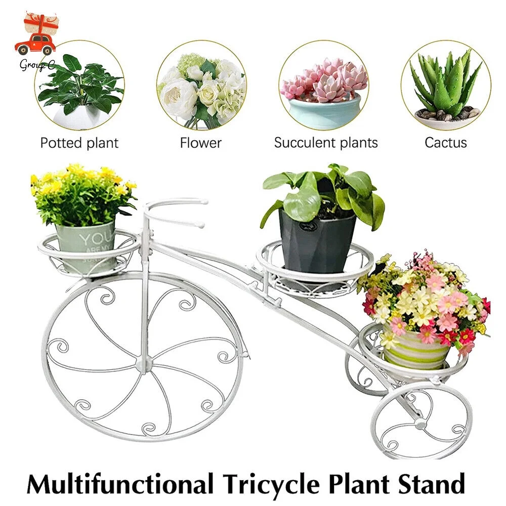 White Tricycle Bicycle Plant Stand Flower Pot Cart Holder Planter Rack Display