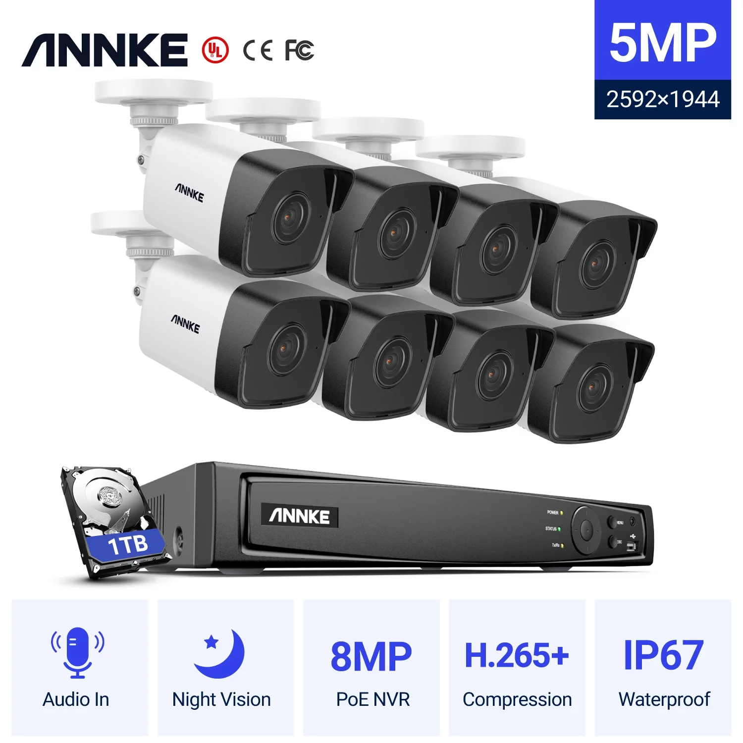 ANNKE 8-channel NVR Video Security Cameras System 8pcs 5MP PoE Turret Cameras For Home Indoor Outdoor,1TB Hard Drive