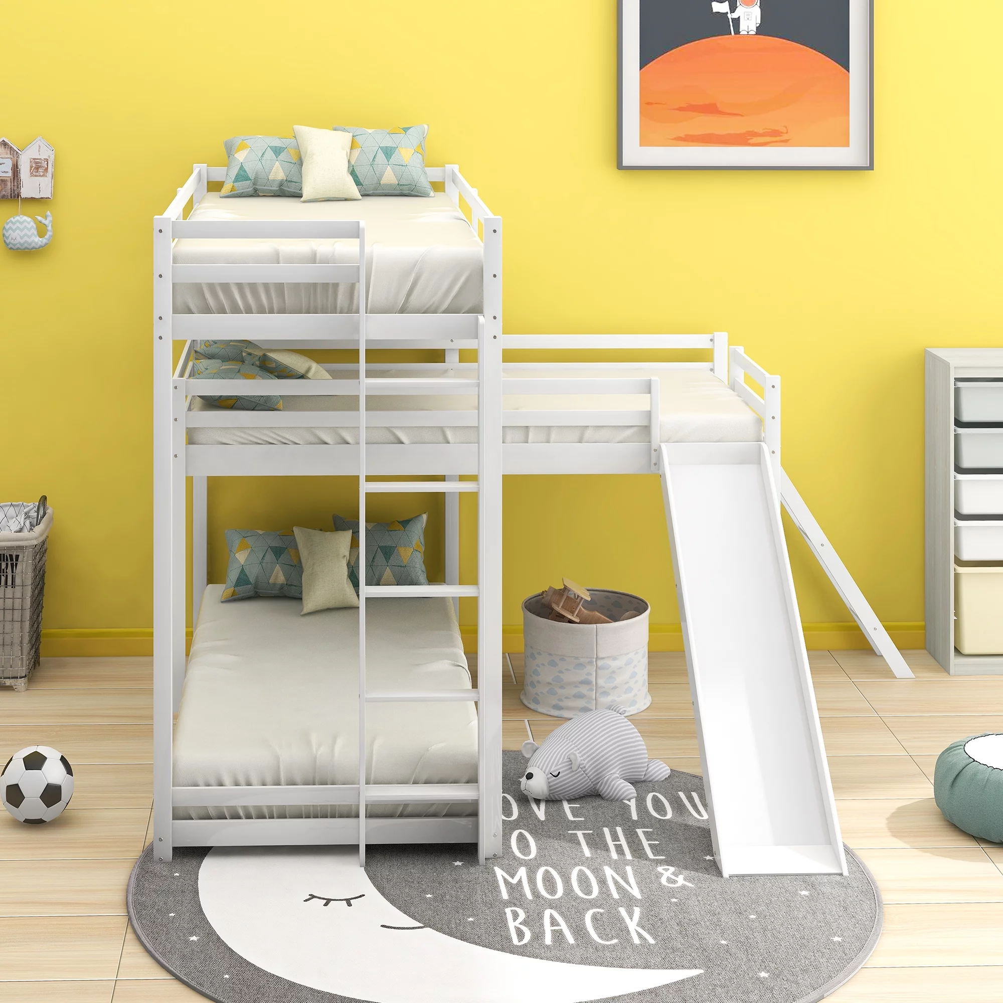 Euroco L-Shaped Twin Over Twin Over Twin Bunk Bed, Triple Bed with Slide & 2 Ladders, White