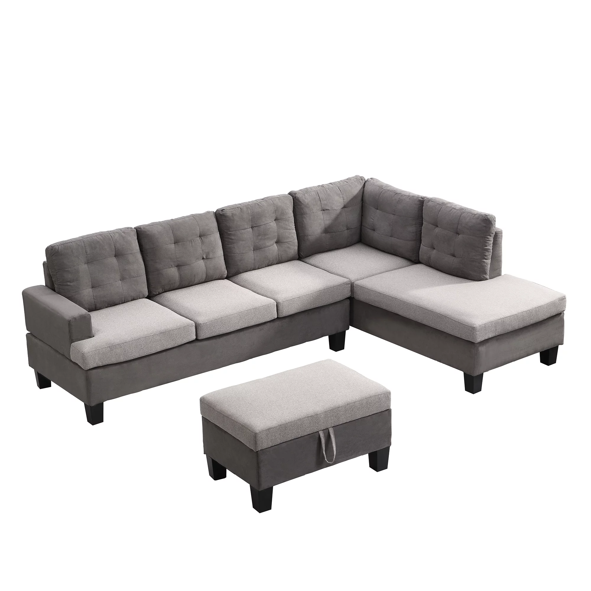 Gray Sofa Set with Chaise Lounge & Storage Ottoman: Complete Living Room Furniture Solution