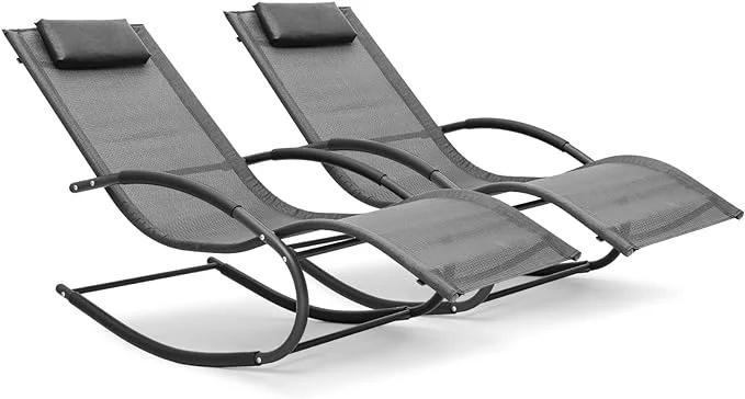 Rocking Chaise Lounge Outdoor Set of 2 with Pillow, Poolside Seats - Metal Curved Rocker Chair for Pool & Patio - Holds Up to 350 Lbs (Gray) 24.5