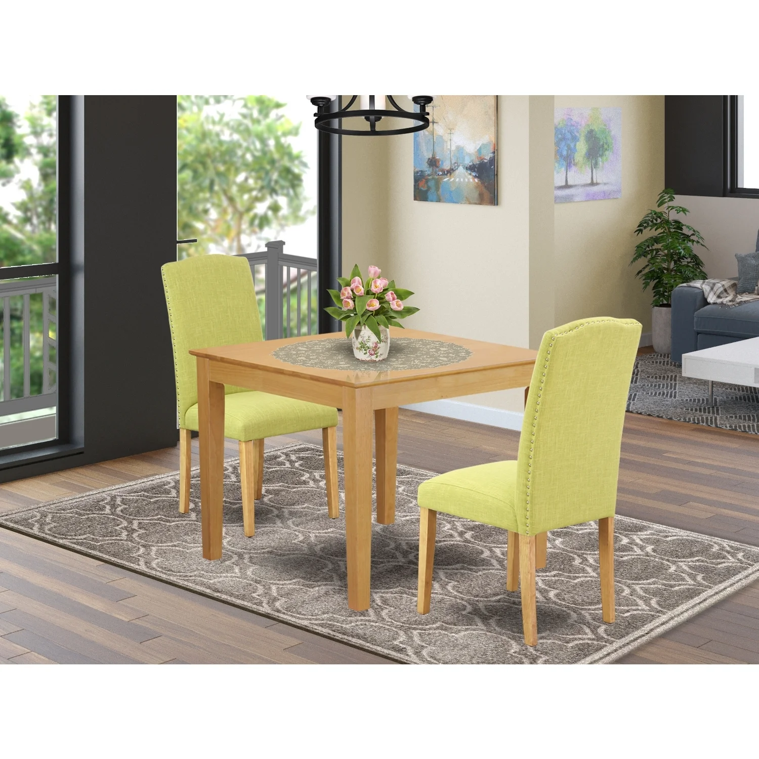 HomeStock Rustic Revival 3Pc Square 36 Inch Table And A Pair Of Parson Chair With Oak Leg And Linen Fabric Limelight
