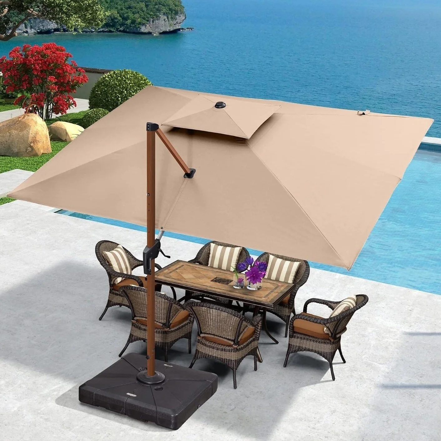 PURPLE LEAF  9 x 12ft Rectangle Wood Pattern Patio Cantilever Umbrella Beige