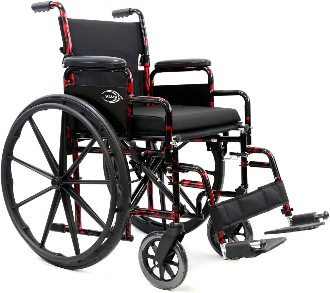 Karman LT-770Q-E Lightweight Removable Wheelchair with Elevating Legrest, Red Streak, 18