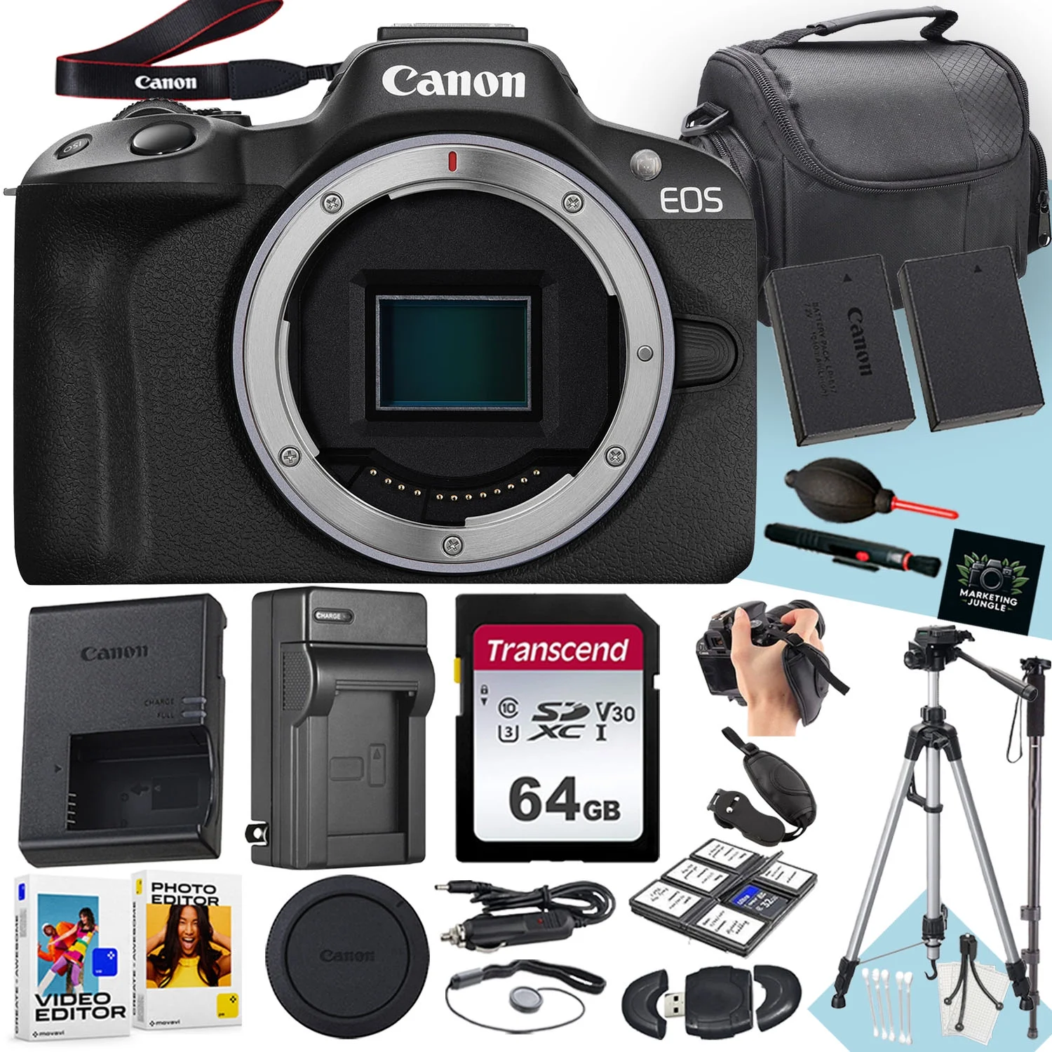 Canon EOS R50 Mirrorless Camera (Body Only) + 64 GB Memory + Tripod + Monopod + Extra Battery + More (19pc Bundle)