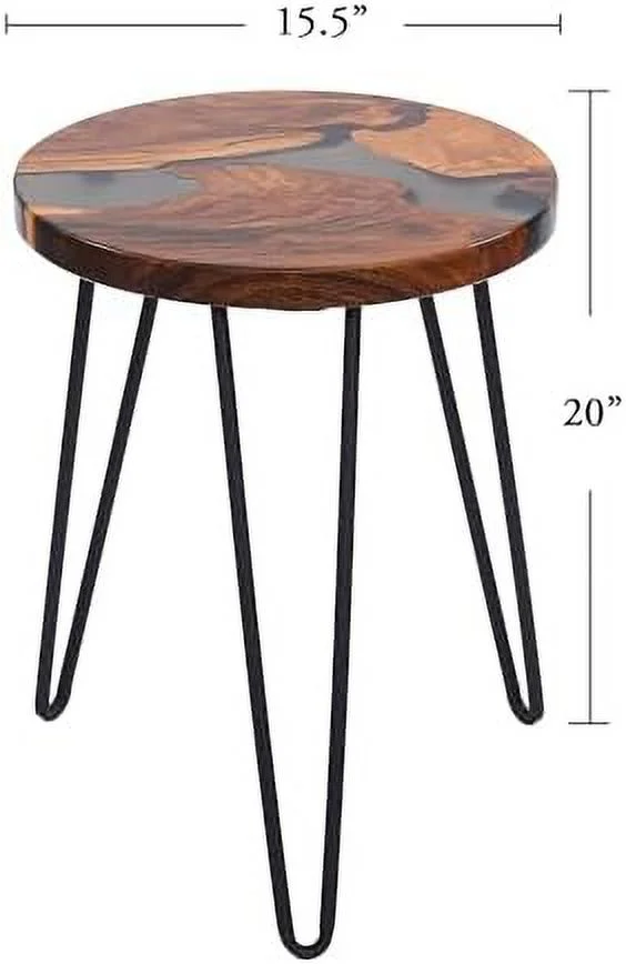 GEROBOOM Wood Resin Round  15.5"x15.5"x20"H Rustic Black Epoxy Wooden Slab Tables Outdoor Natural Solid Handmade End Table for Living Room Patio Bedroom Nightstand Farmhouse