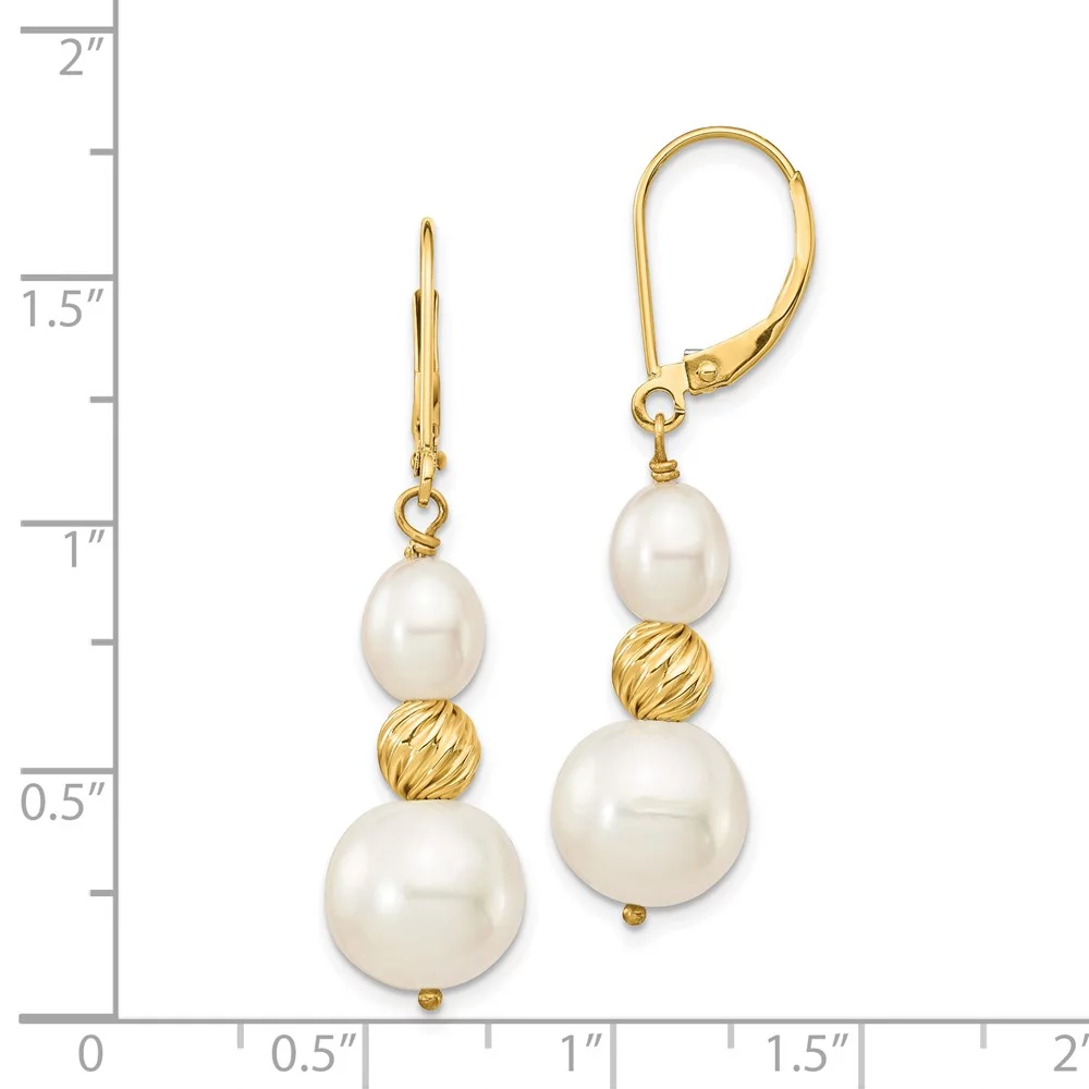 14K 6-10mm White Freshwater Cultured Pearl D/C Bead Leverback Earrings QXF723E