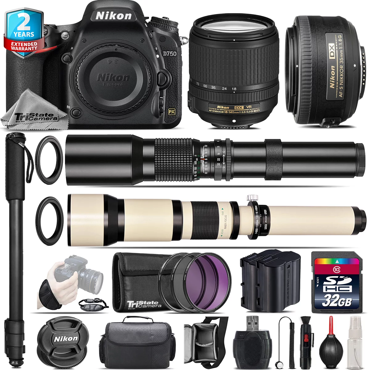 Nikon D750 DSLR Camera + AFS 18-140mm VR + 35mm f/1.8 + 500-1300mm - 32GB Kit