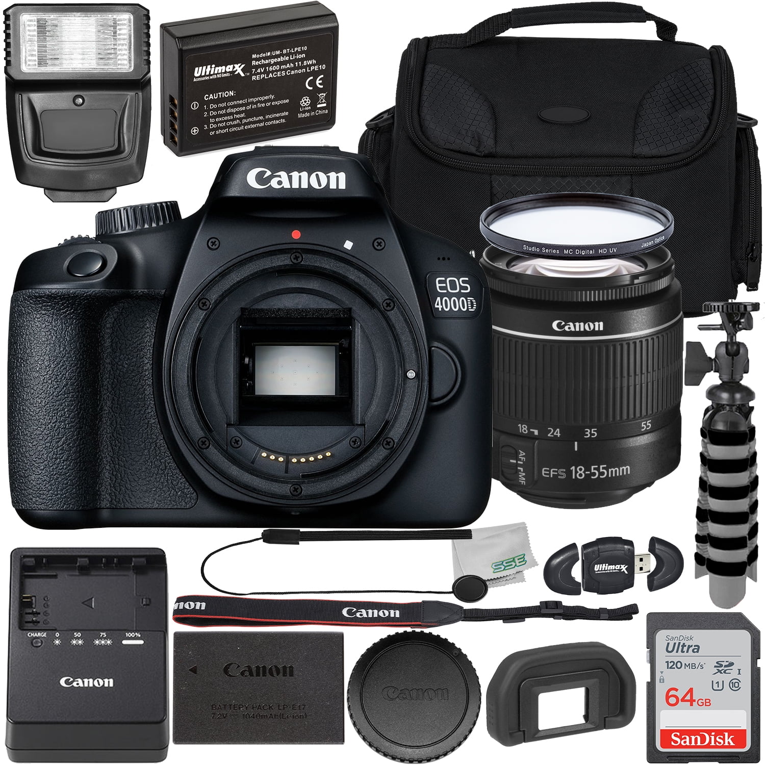 Canon EOS 4000D DSLR with EF-S 18-55mm f/3.5-5.6 III Lens & Starter Accessory Bundle: SanDisk Ultra 64GB SDXC, Digital Flash, Extended Life Replacement Battery, Water Resistant Gadget Bag & More