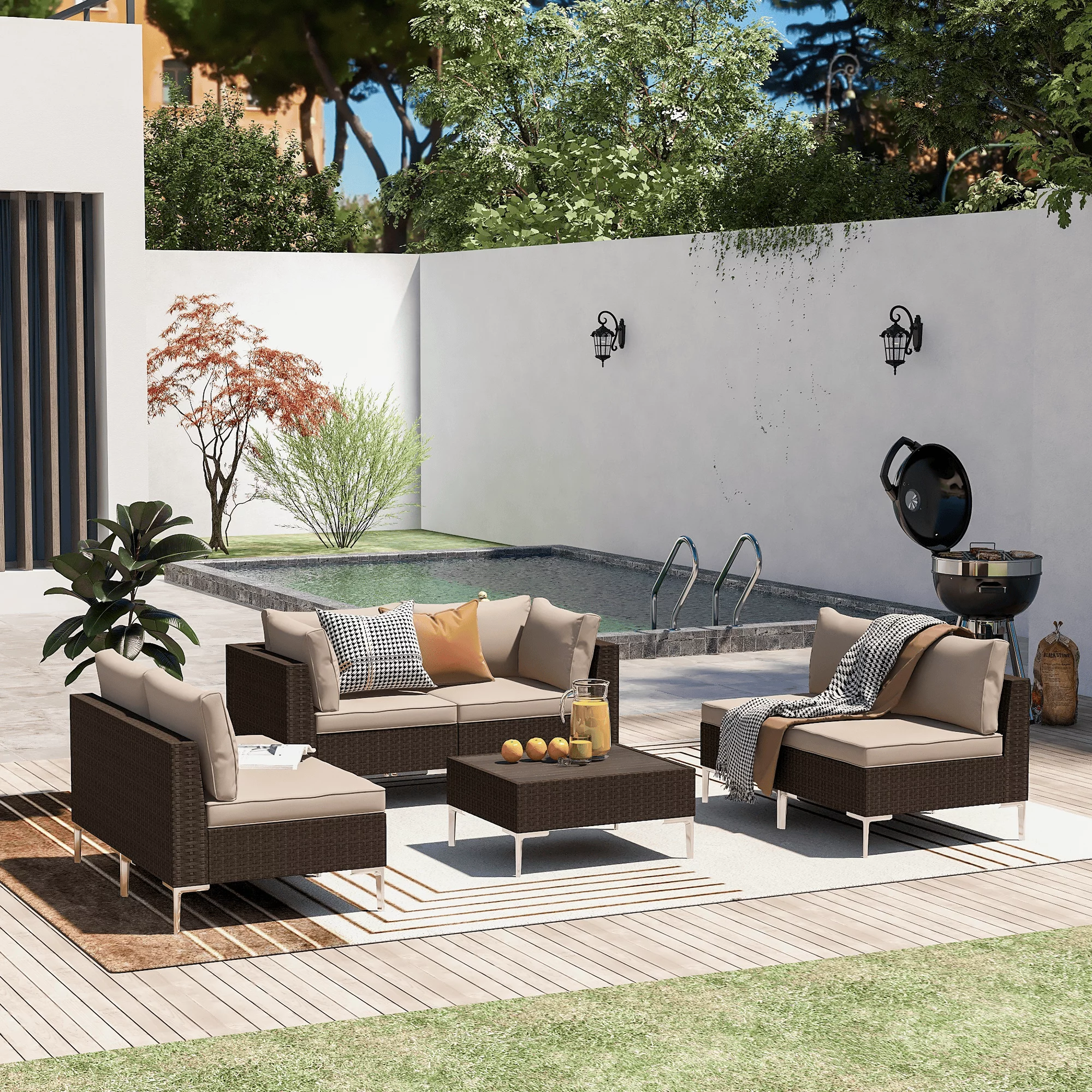 HOMREST Wicker 7 Pieces Patio Furniture Set,Outdoor Sectional Sofa Patio Lawn Conversation Set, w/Wood Plastic Composites Table, Cushions and Pillows for Garden, Lawn and Pool, Khaki