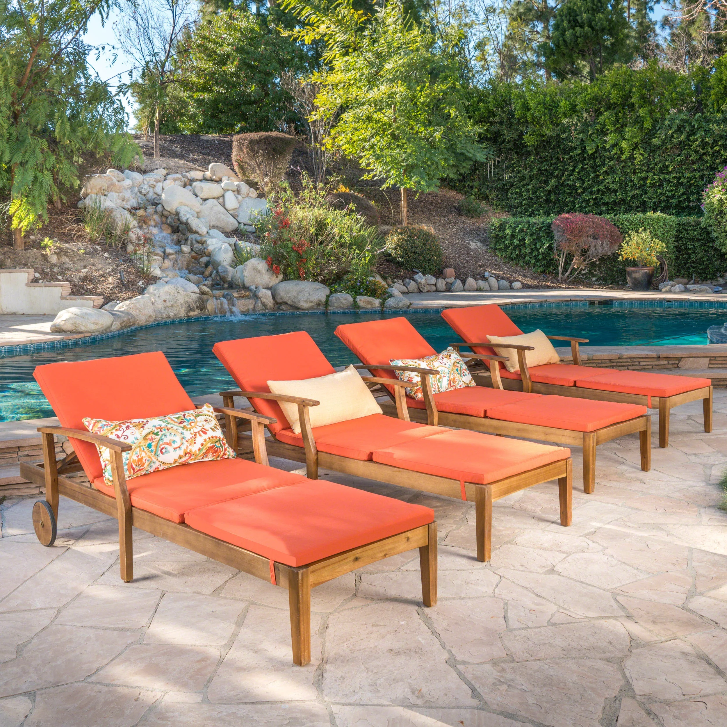 Mavis Outdoor Chaise Lounge With Cushion, Set of 4, Teak Finish, Orange