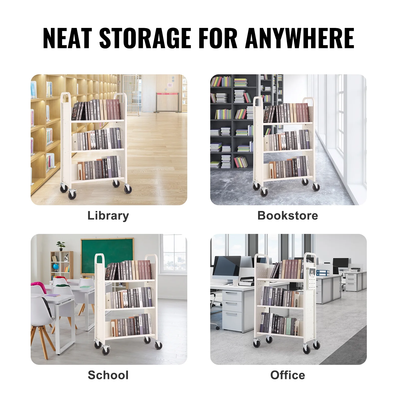 SKYSHALO Book Cart Library Cart 330 lbs Capacity with V-Shaped Shelves in White