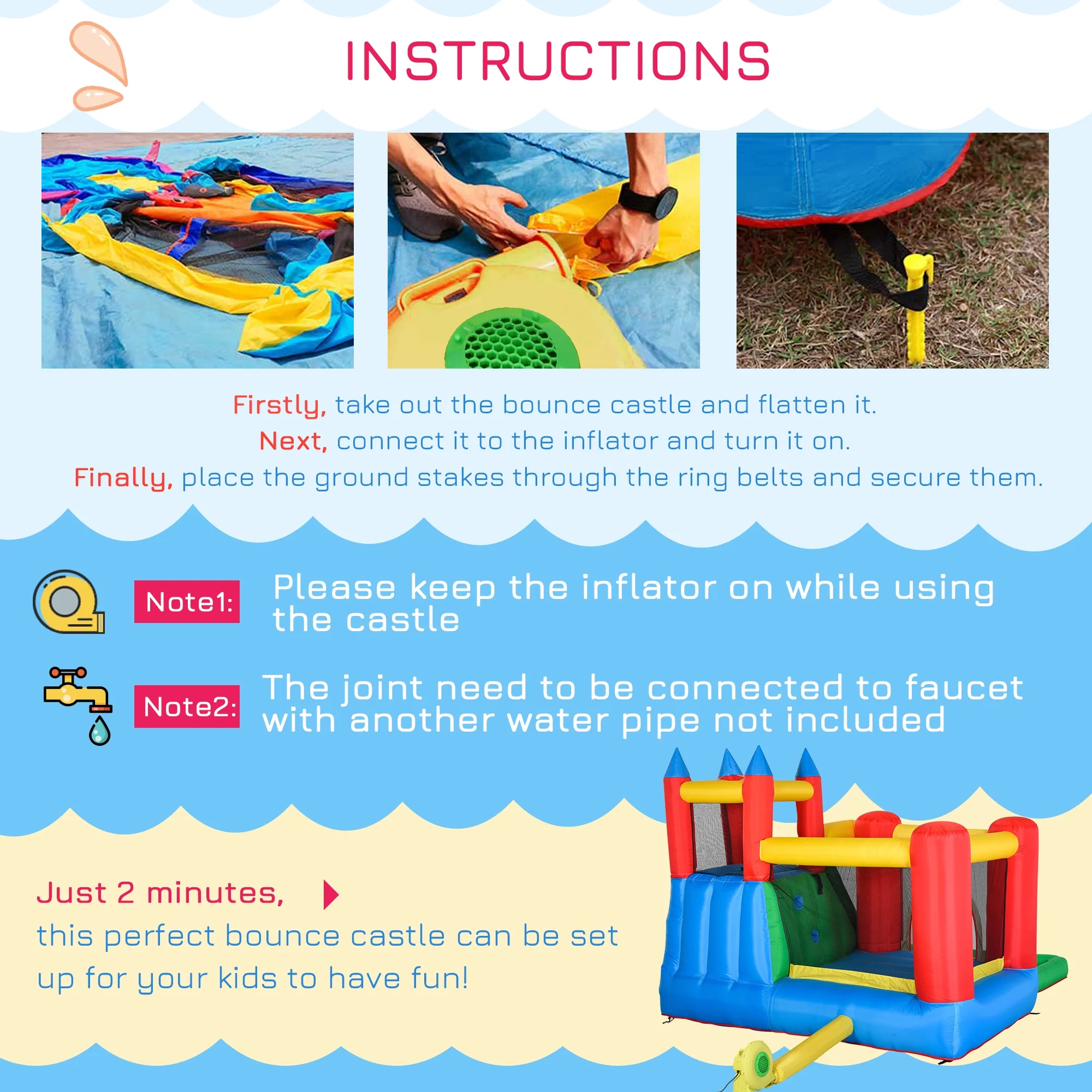 POWANLI Outsunny 6-in-1 Kids Bounce House Inflatable Water Slide with Pool, Water Cannon, Climbing Wall, Inflator Included, Jumping Castle Kids Backyard Activity Outdoor Water Play Toy