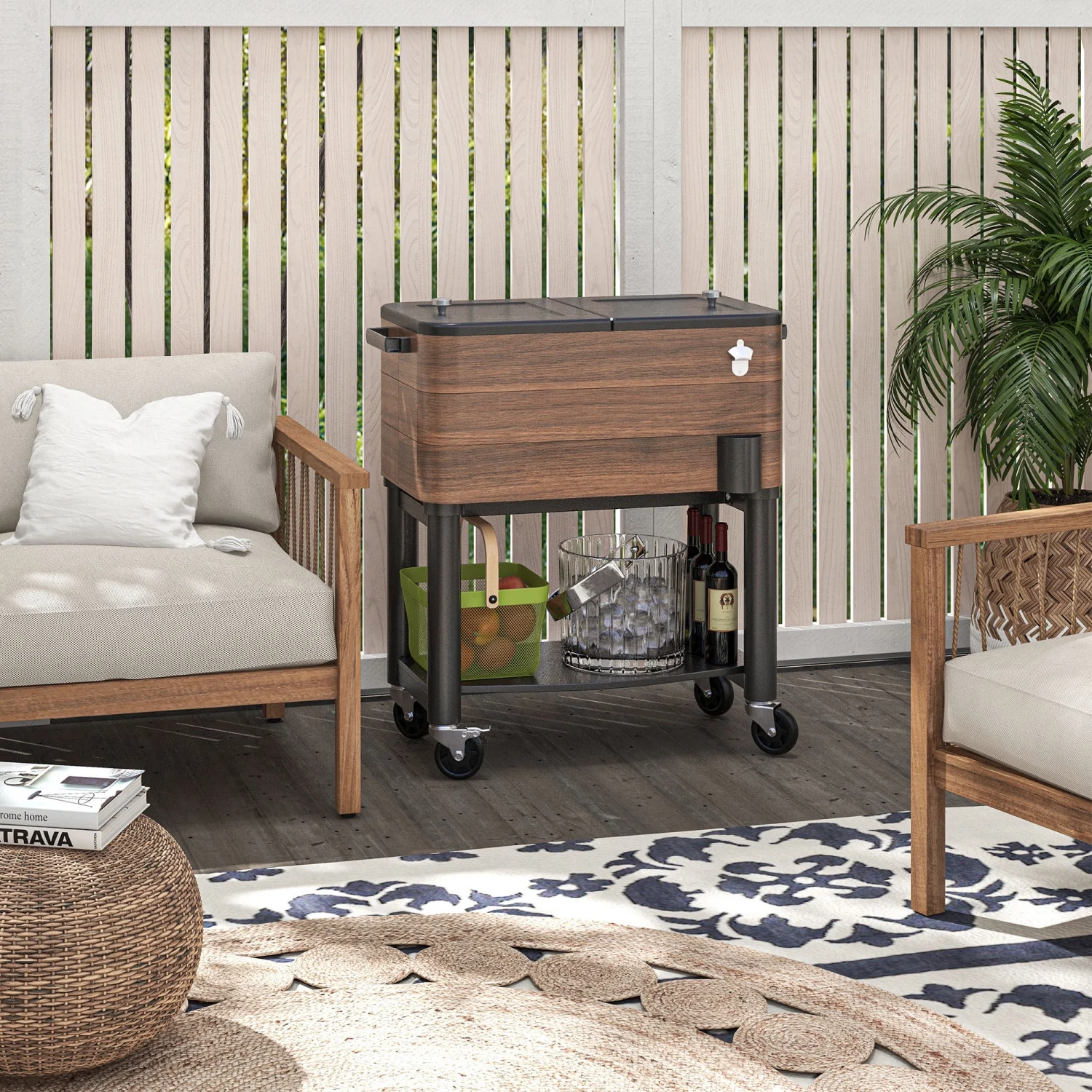 DremFaryoyo Outdoor Cooler Cart  Rolling Beverage Ice Chest  Rugged Steel Patio Cooler with Locking Wheels  60 Quart Capacity for Poolside BBQs  Brown