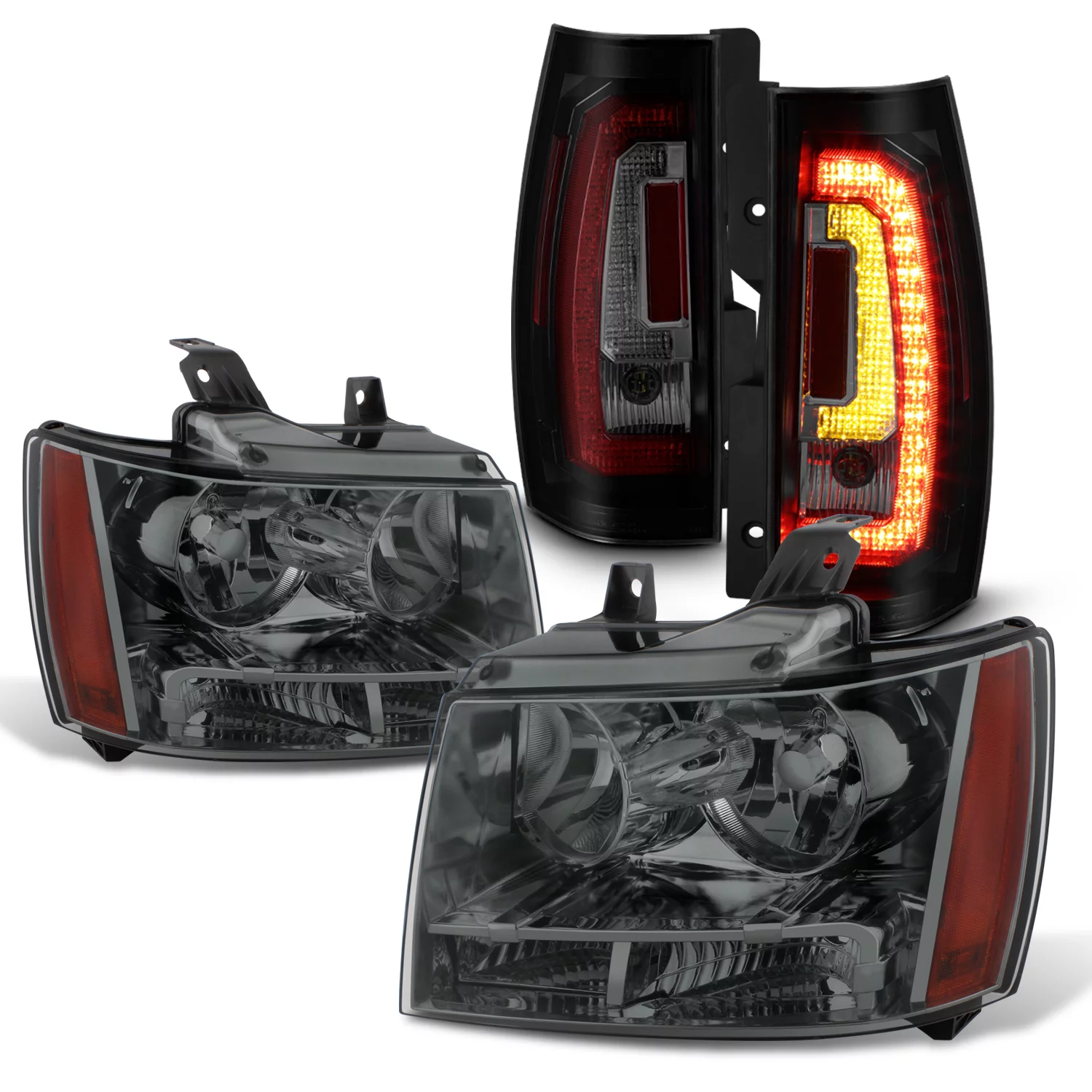 AKKON - For 07-14 Chevy Suburban Tahoe Smoked Lens OE Headlights + C-Shape Blk Smoked LED Tube Tail Brake Lamp