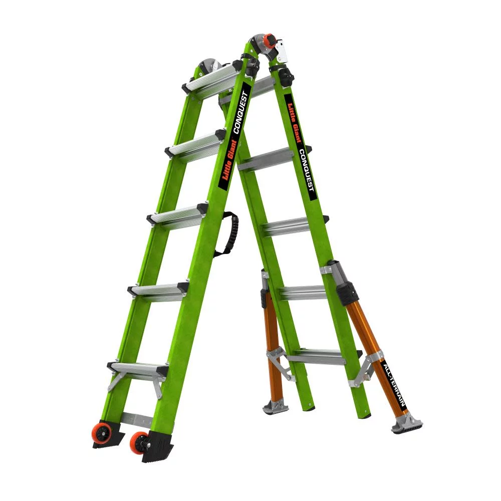 Little Giant Safety Conquest All-Terrain Model 22 - Ansi Type 1A - 300 Lb Rated - Fiberglass Articulated Extendable Ladder With Adjustable Outriggers Accessory Ports Carry Handle V-Bar And Tip And