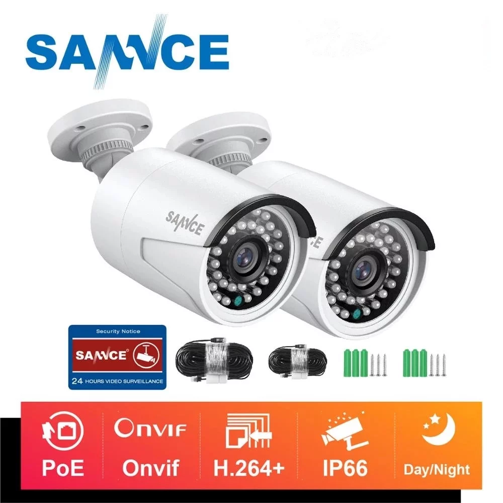 SANNCE 2PCS Ultra HD 5MP Poe Camera Outdoor Weatherproof Security Network Bullet EXIR Night Vision Email Alert  CCTV Wired Camera Kit