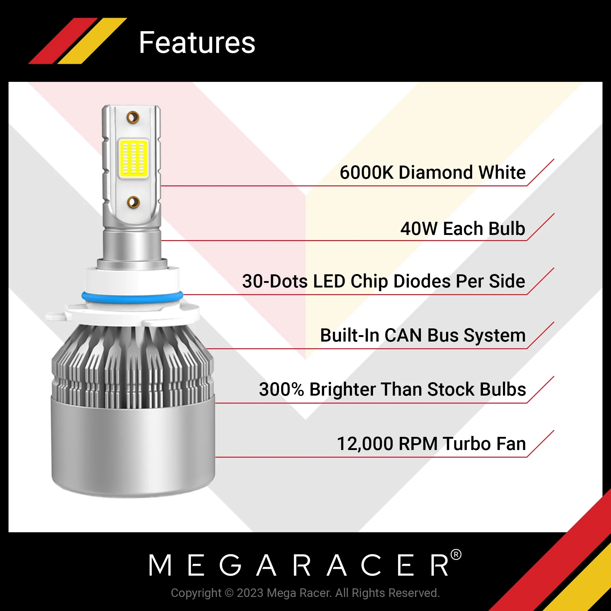 Mega Racer Kia Forte Forte5 9005 HB3 LED Headlight Bulbs 6000K Diamond White 12V 40W 8000LM Kia Forte Forte5 2017 2018 17 18 High Beam Automotive Headlights Replacement