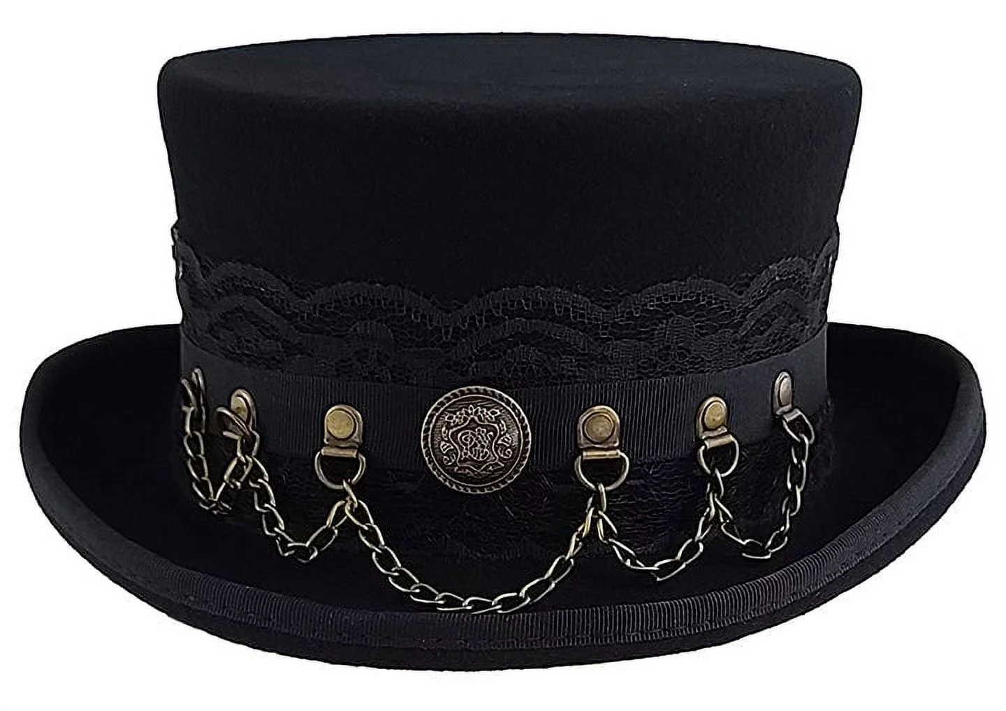 Different Touch 100% Wool Felt Top Hat Western Steampunk with Leather Band and Chain