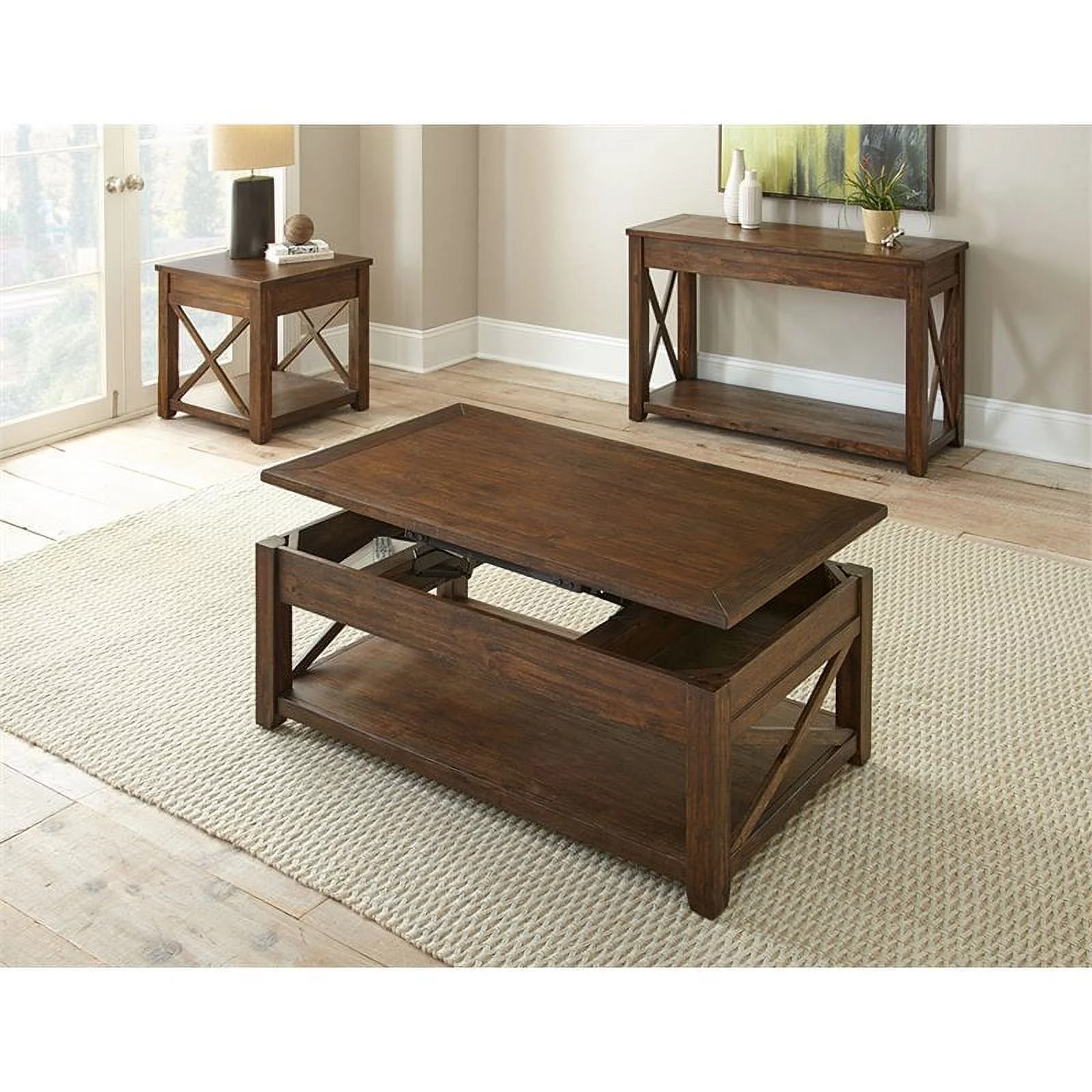 Pemberly Row Farmhouse Wood Console Table in Brown Oak