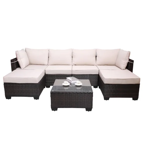 Outdoor Garden Patio Furniture 7-Piece PE Rattan Wicker Cushioned Sofa Sets and Coffee Table, patio furniture set;outdoor couch;outdoor couch patio furniture;outdoor sofa;patio couch