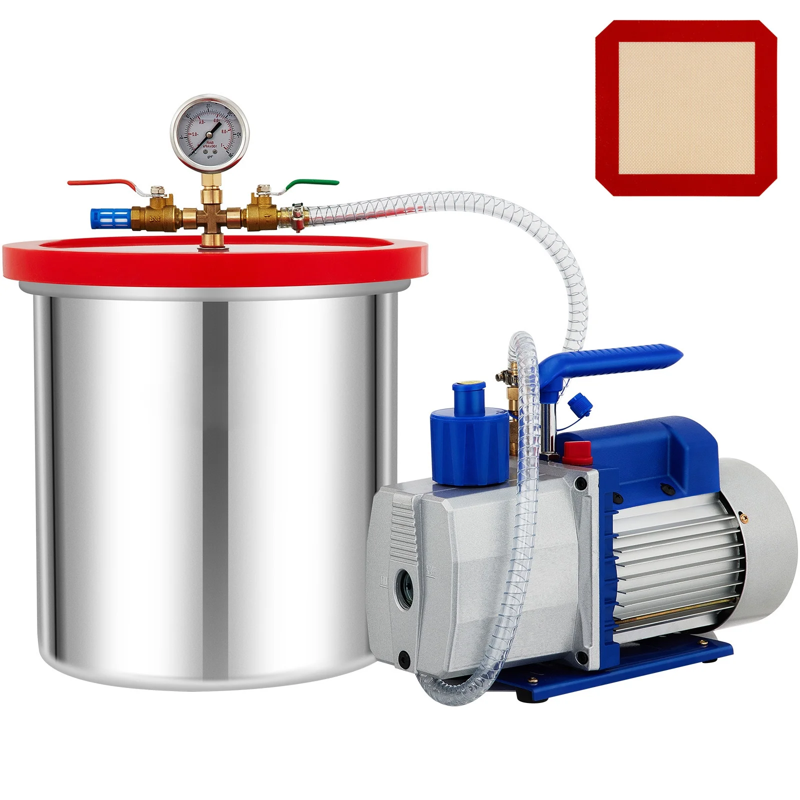 SKYSHALO with pump vacuum chamber, 5 gallon vacuum chamber, 7 cubic feet/cubes of 3/4 horsepower dual -stage vacuum pump, 110 volts HVAC air tool set, used for stable wood, silicon resin gas, epoxy re