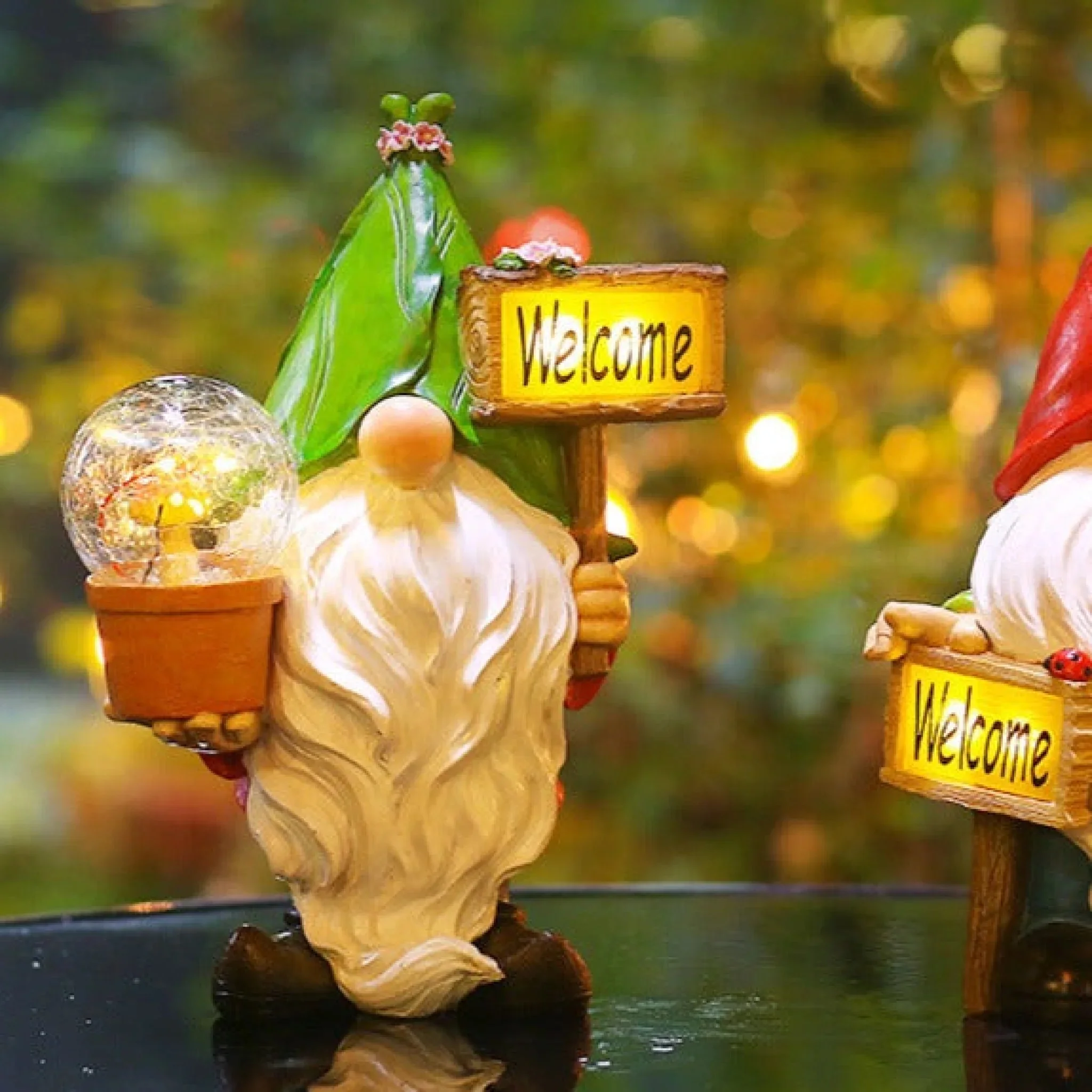 Solar Elf with a Magical Orb and Welcome Sign | Garden Gnome Decoration