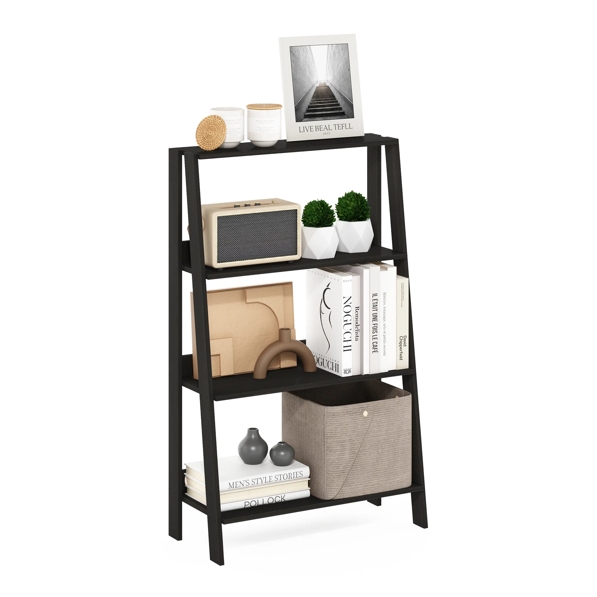 Furinno Ladder Bookcase Display Shelf, 4-Tier, Espresso