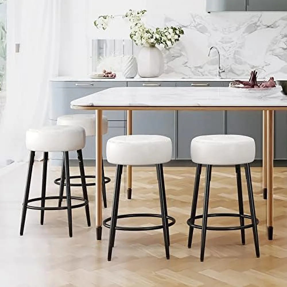 TQNJYGX Barstools  Counter Height Barstools  24 Inches  Saddle Stool with Round Faux Leather Cushion  Soft Seat with Metal Legs  for Kitchen Island  Coffee Shop    Bistro  Set of 4  White