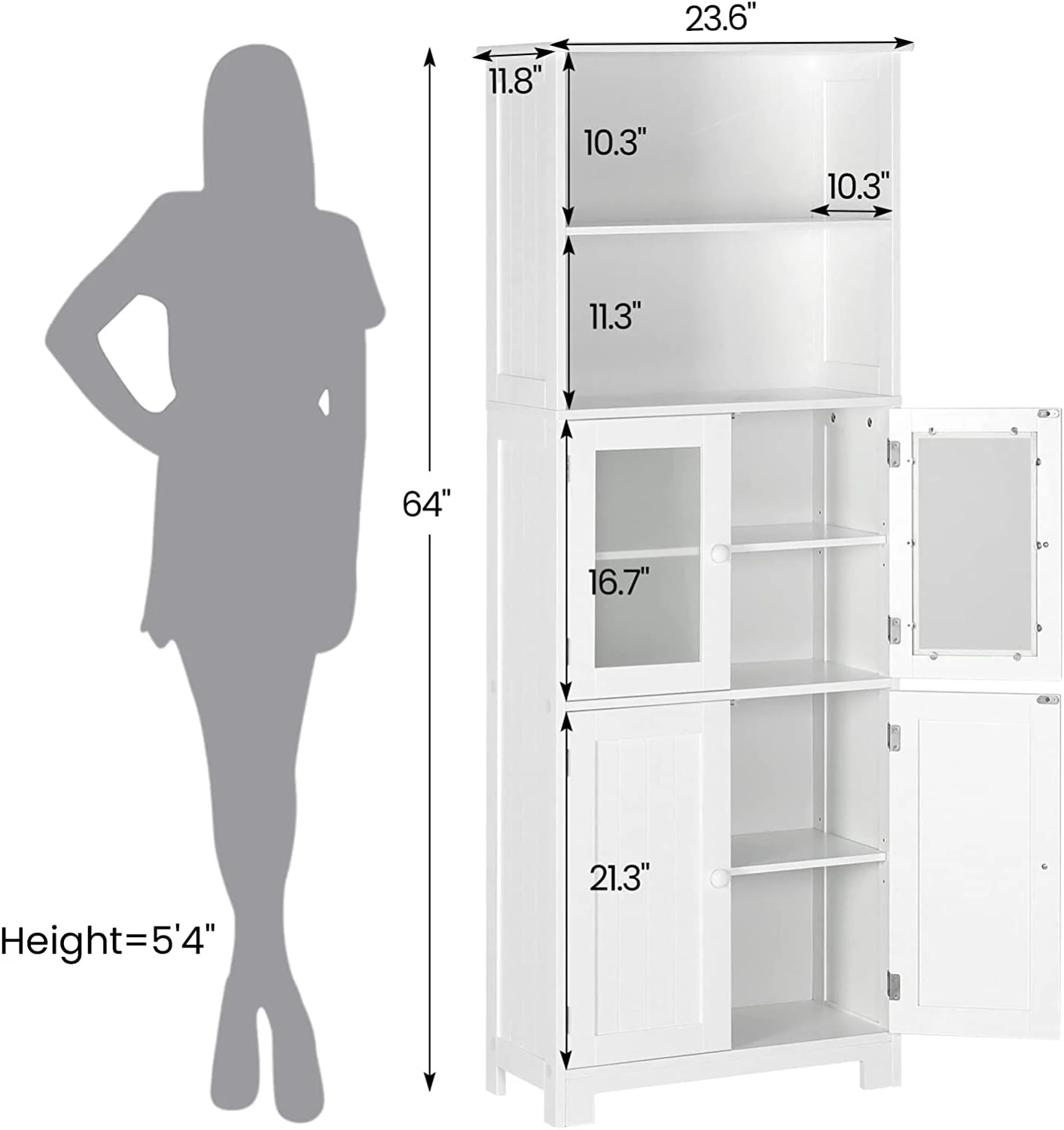 TJCGDTY Bathroom  Cabinet  Tall Bathroom Cabinet with Adjustable Shelves and Glass Doors  for Bathroom  Kitchen  11.2" D x 23.6" W x 64" H  White