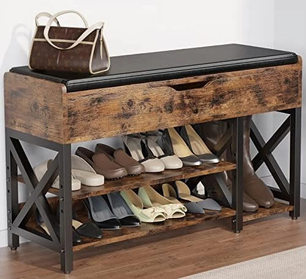 SQSFCB Shoe Bench  Lift Top Shoe  Bench  Adjustable  Entryway Bench  Metal and Wood Shoe Rack Organizer with Cushion for Entry  Bedroom  Closet  Living Room  Hallway (Brown  39.5\u201CW)