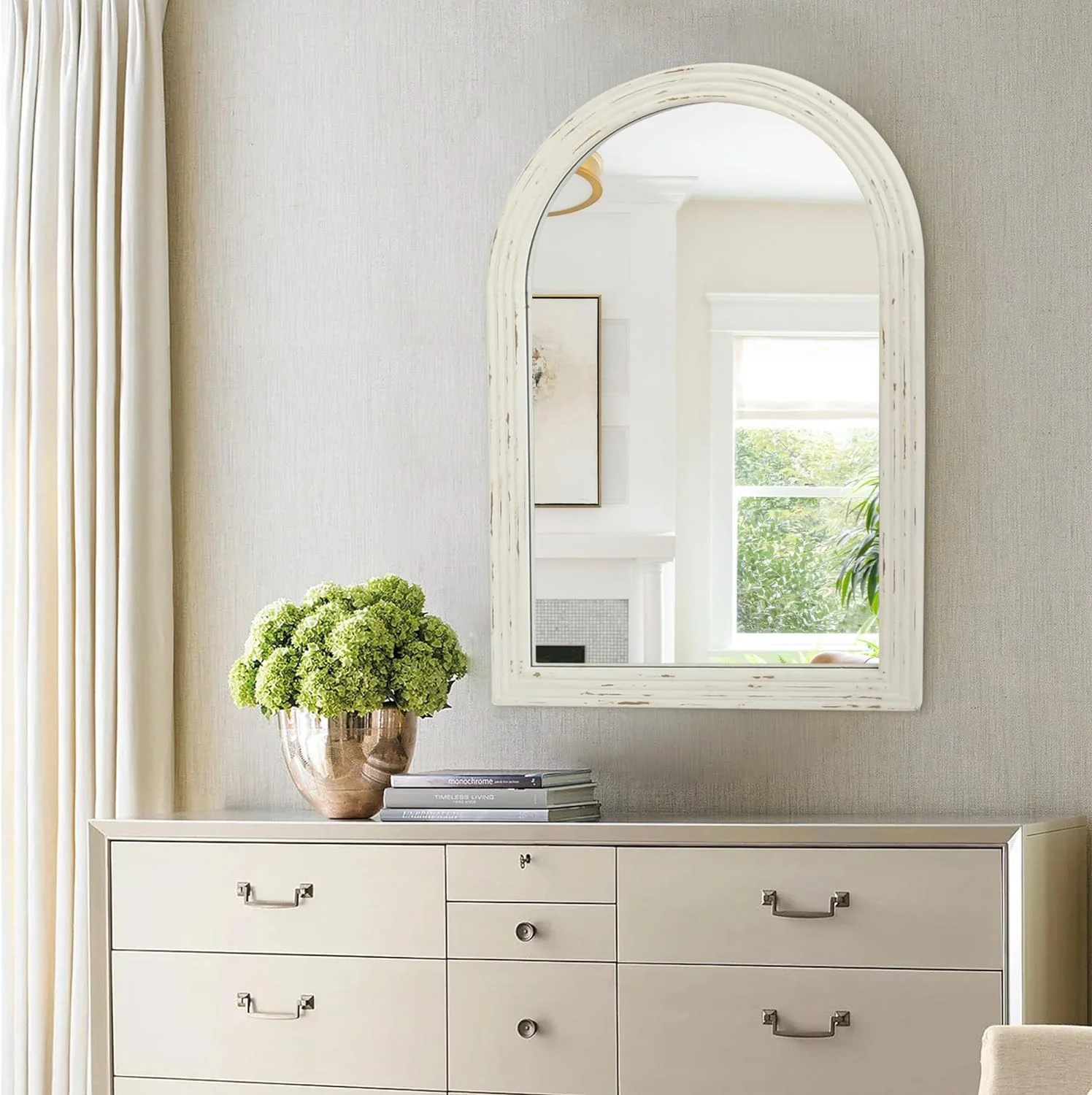 Farmhouse Arched Wall Mirror, White Distressed Wood Mirror, Decorative Mirror for Bathroom Living Room Bedroom Entryway, 20''×30''