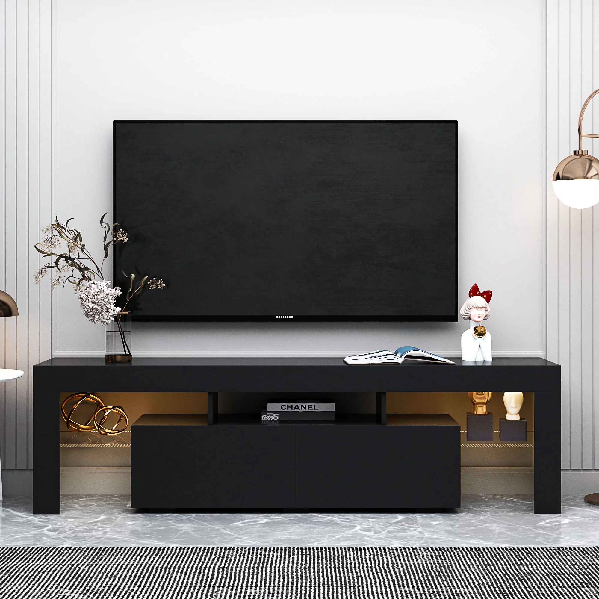 CoSoTower Modern Black TV Stand, 20 Colors LED TV Stand W/Remote Control Lights