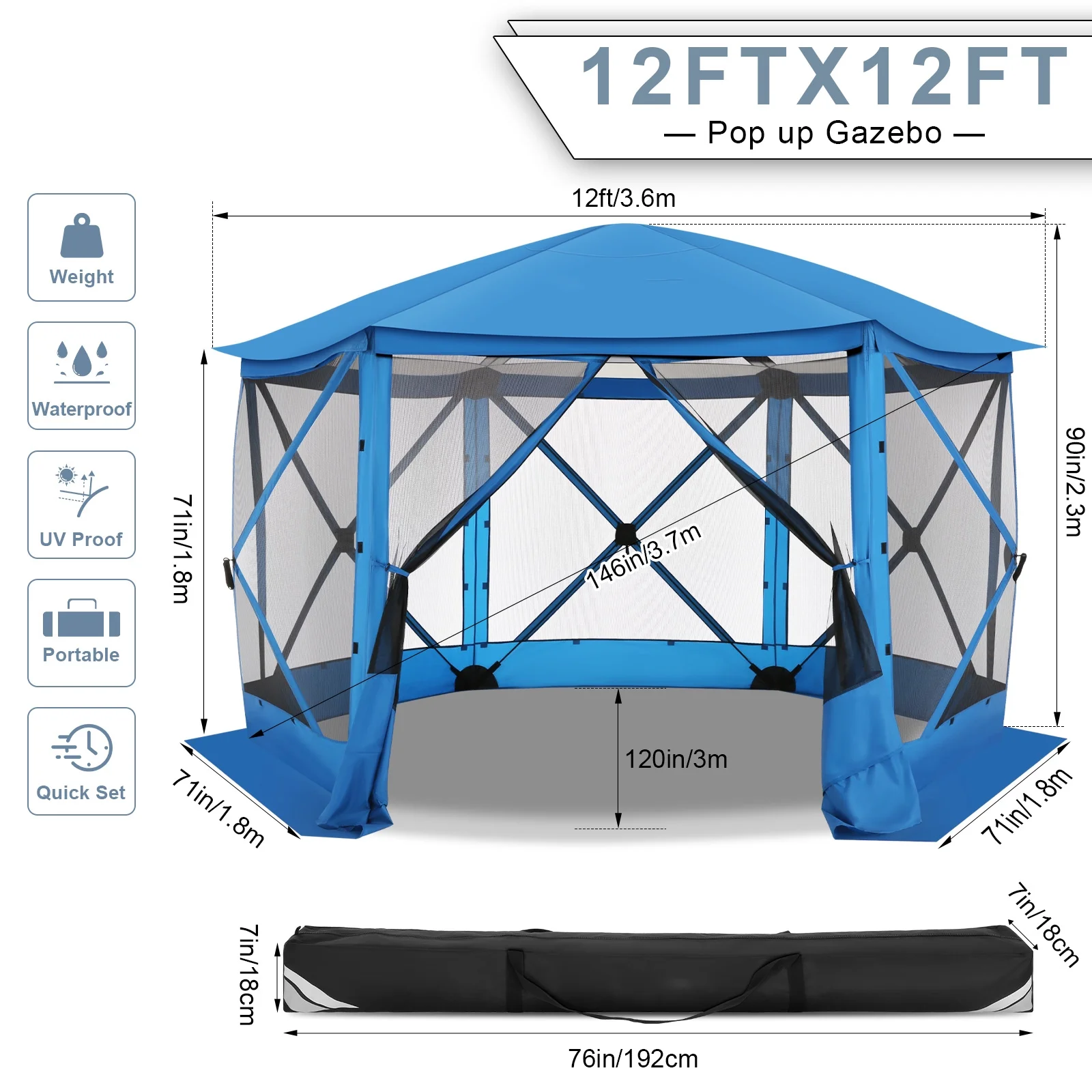 Hoteel 12x12 Pop Up Gazebo Propped-up Canopy Camping Tent with Mosquito Nettings, Waterproof, UV 50+ Resistant, Hub Tent Instant Screened Canopy with Mesh Windows, Carry Bag & Ground Stakes, Blue
