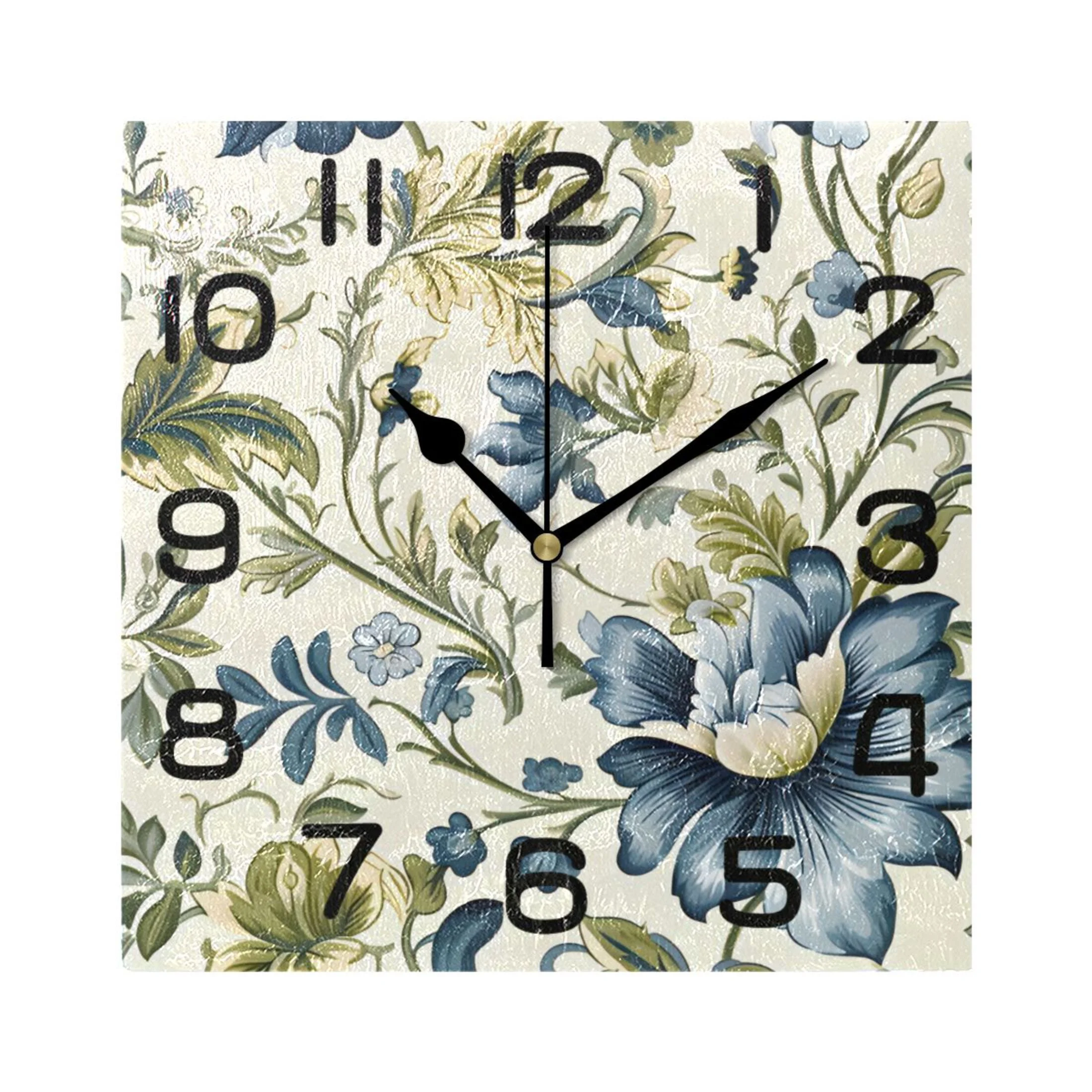 Blue with Flowers Wall Clock Square Silent Non-Ticking Battery Operated Retro 7.78