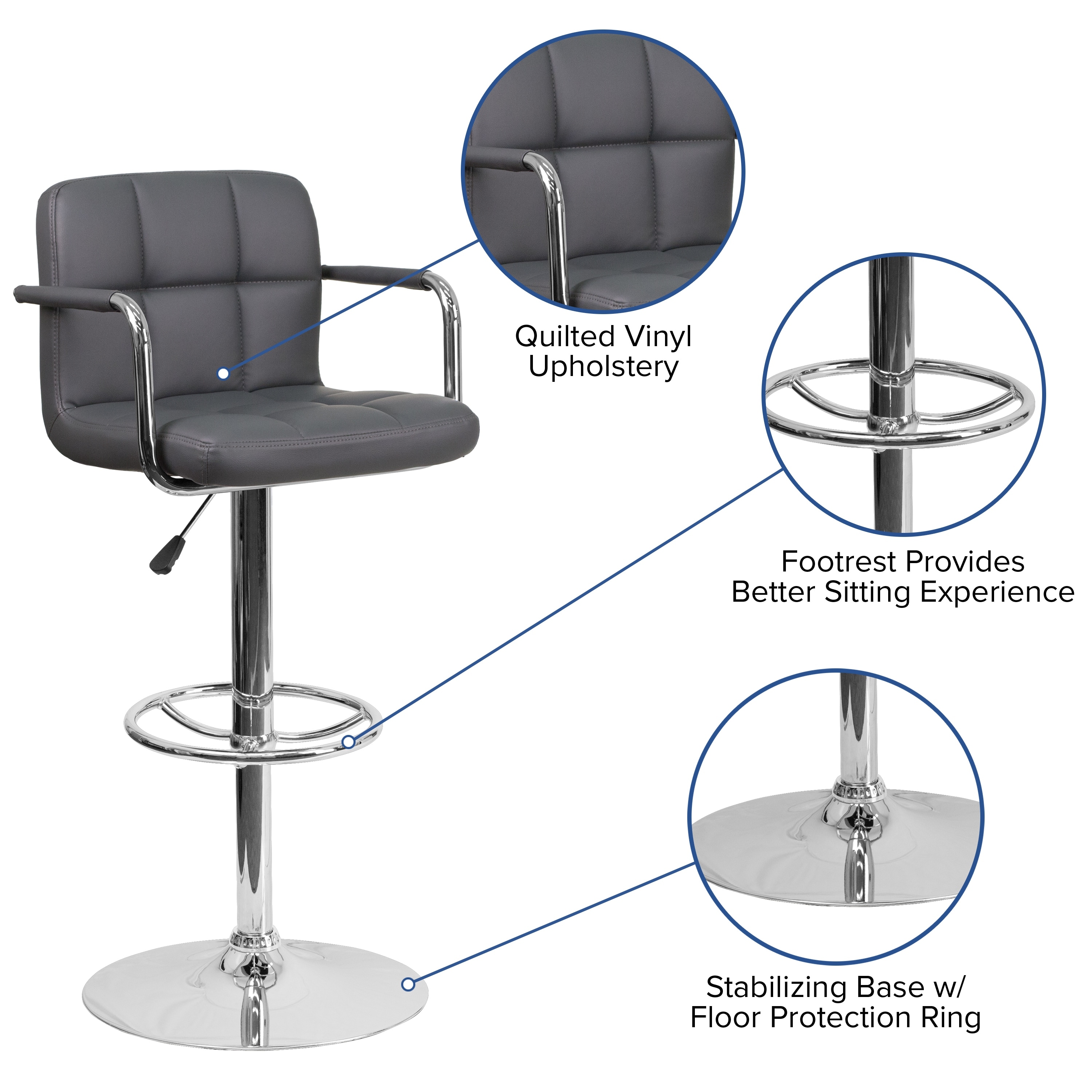 Flash Furniture Quilted Vinyl Adjustable Height Barstool with Arms and Chrome Base - 20
