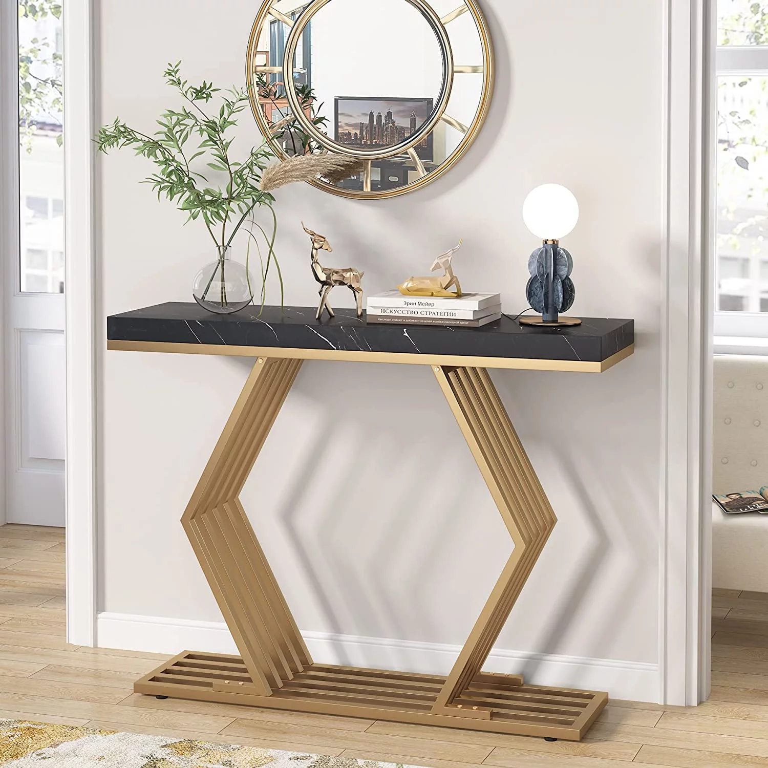 Tribesigns 42 inches Modern Gold Console Table with Geometric Metal Base, Black Faux Marble Narrow Entryway Table Foyer Table for Entrance, Living Room, Hallway, Entryway