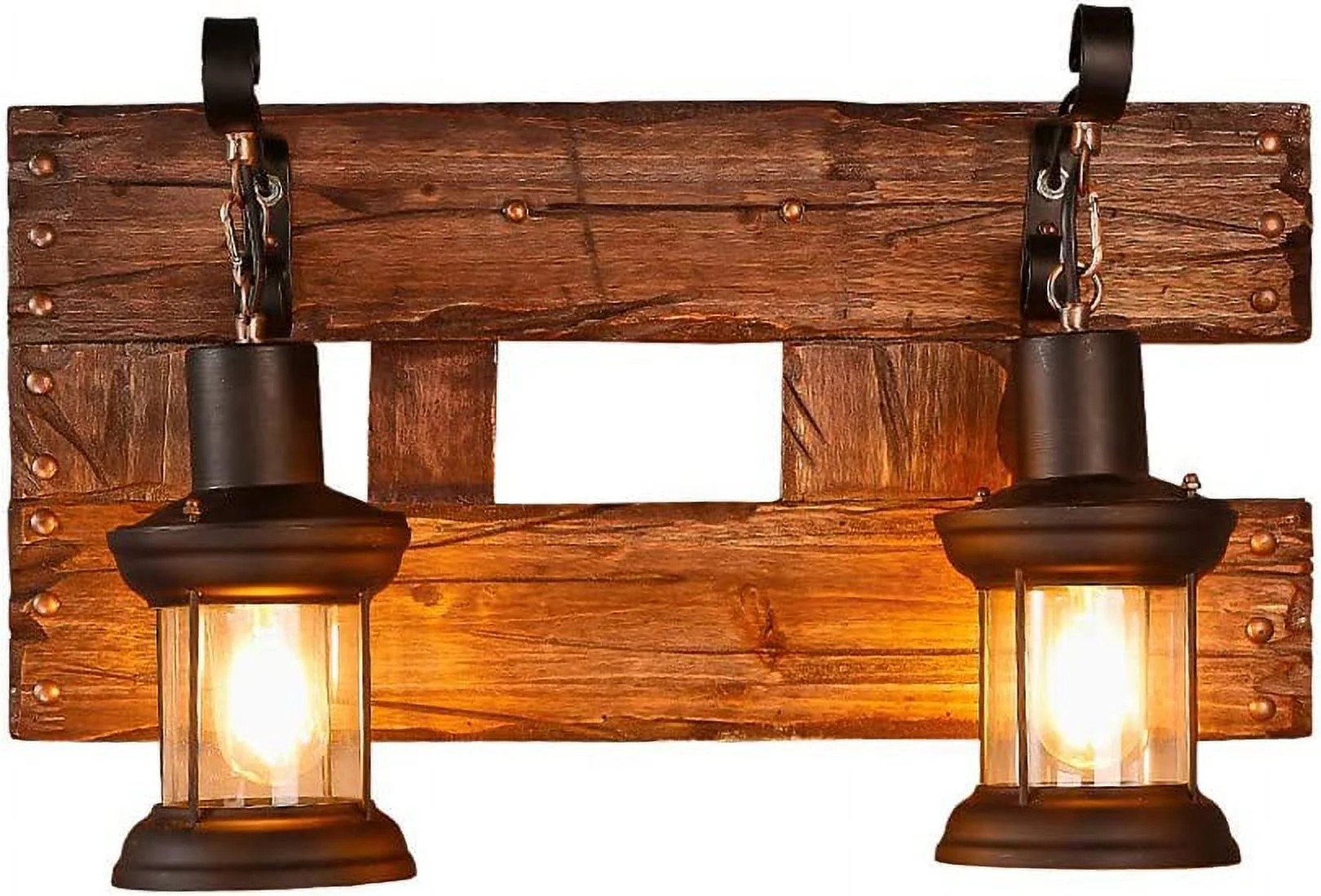 Industrial Farmhouse Wall Sconce Lighting Fixture Wooden Base Indoor Wall Lamp Light with 2 Lantern Lights for Bar Restaurant