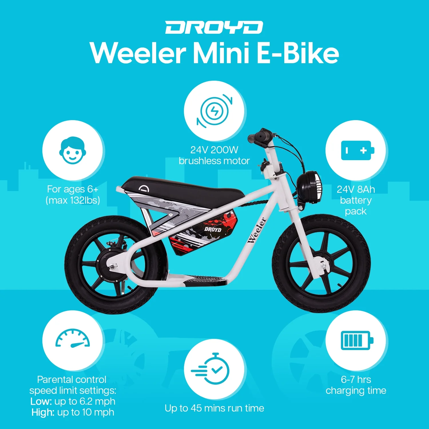 Droyd Weeler Electric Mini Bike - Electric Bike for Kids Ages 6 & Up - 200W Electric Bike w 6.2-10MPH up to 8 Miles , 24V 8Ah Battery-Black