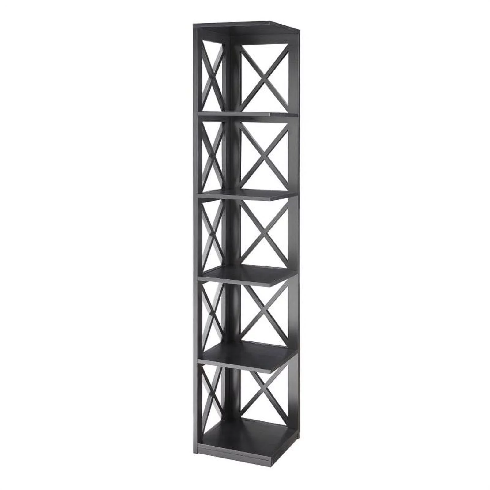 Pemberly Row 5 Shelf Transitional Wood Corner Bookcase in Black