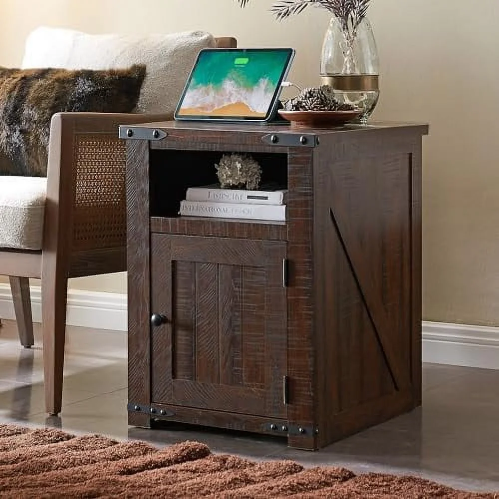 HYHBIBOOM Farmhouse Nightstand with Charging Station  20" Rustic End Table w/Barn Door  Wood Sofa Side Bedside Table w/Open Shlef & Stroage Cabinet for Bedroom，Brown