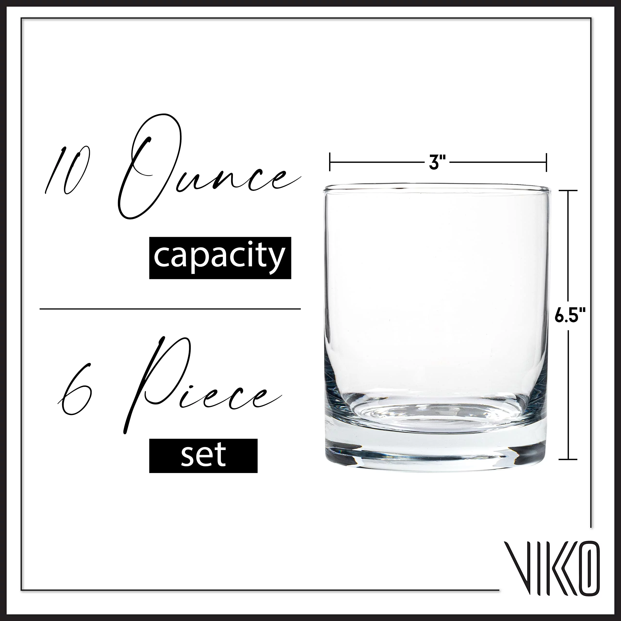 Vikko Whiskey Glasses, 10.25 Oz Scotch Glasses, Set of 6 Old Fashioned Glasses, Crystal Clear Bar Glass, Sturdy Base